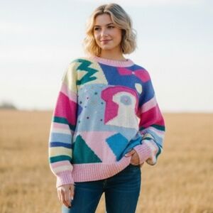 VTG Nannell Womens Hand Knit Wool Angora Chunky Beading Sweater Artsy‎ Grandma L